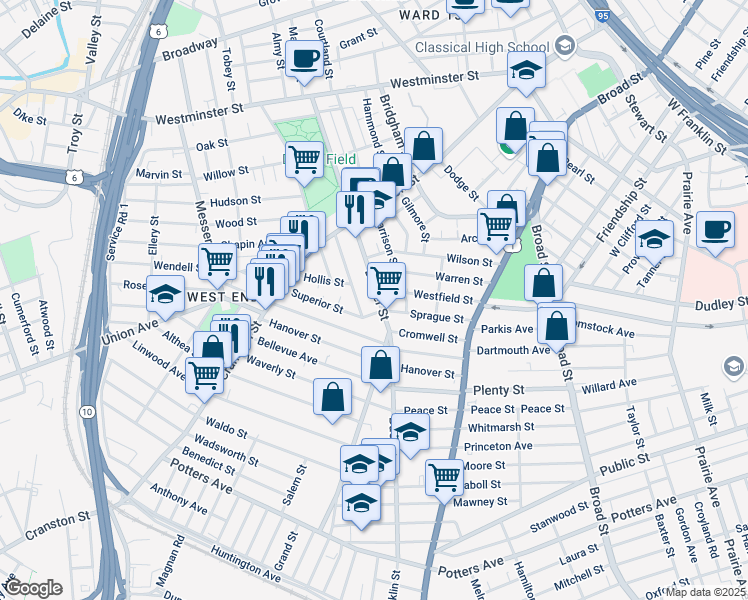 map of restaurants, bars, coffee shops, grocery stores, and more near 249 Sprague Street in Providence