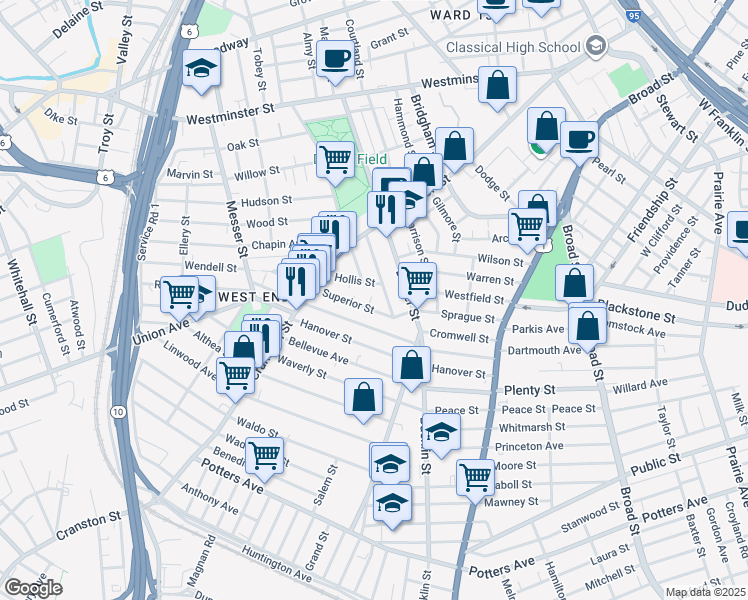 map of restaurants, bars, coffee shops, grocery stores, and more near 44 Superior Street in Providence