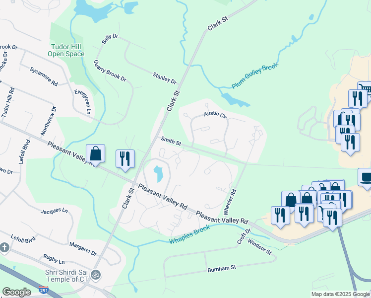 map of restaurants, bars, coffee shops, grocery stores, and more near 610 Spring Meadow Road in South Windsor