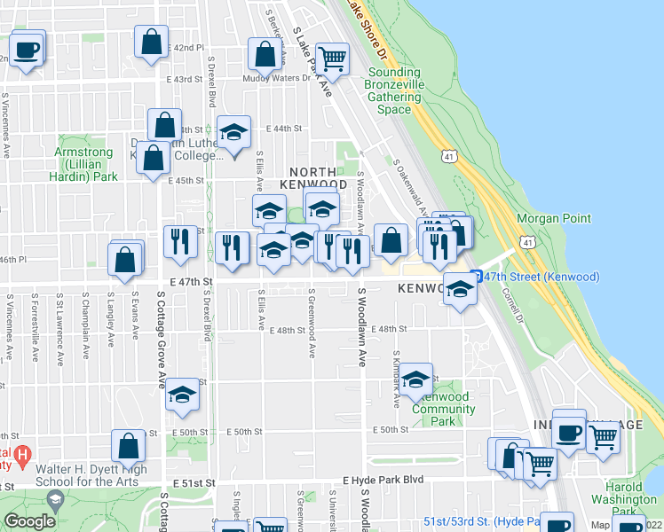 map of restaurants, bars, coffee shops, grocery stores, and more near 1117 East 47th Street in Chicago