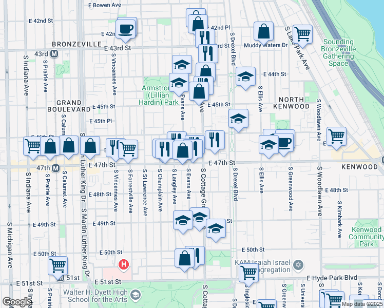 map of restaurants, bars, coffee shops, grocery stores, and more near 737 East 47th Street in Chicago
