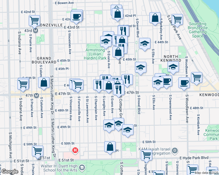 map of restaurants, bars, coffee shops, grocery stores, and more near 737 East 47th Street in Chicago