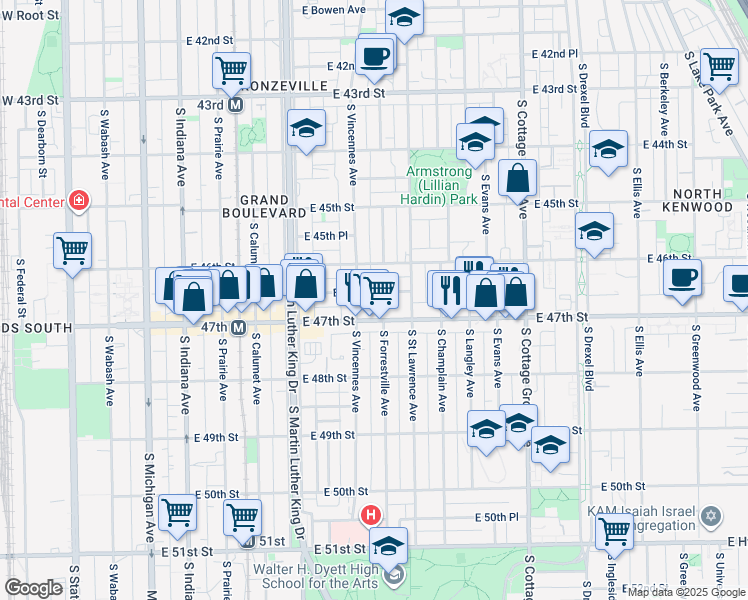 map of restaurants, bars, coffee shops, grocery stores, and more near 506 East 47th Street in Chicago