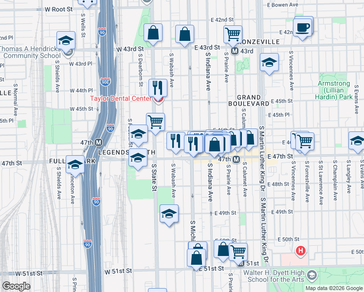 map of restaurants, bars, coffee shops, grocery stores, and more near 58 East 47th Street in Chicago