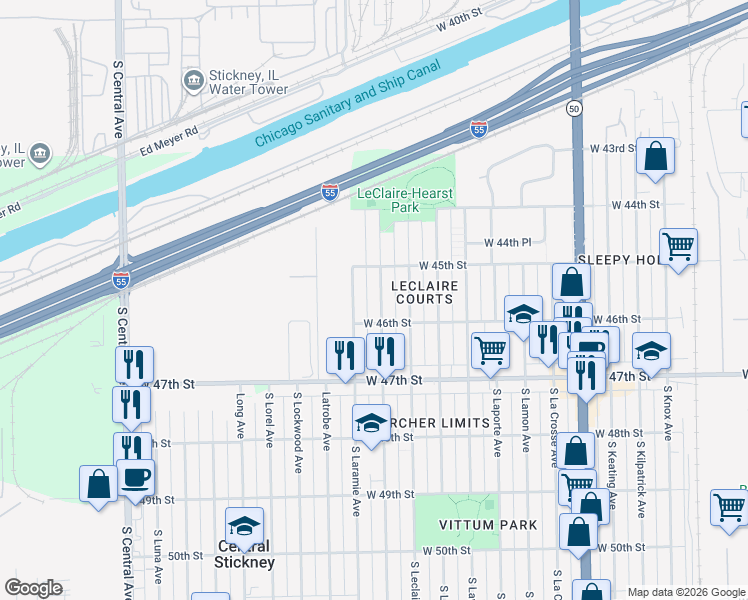 map of restaurants, bars, coffee shops, grocery stores, and more near 4559 South Leamington Avenue in Chicago