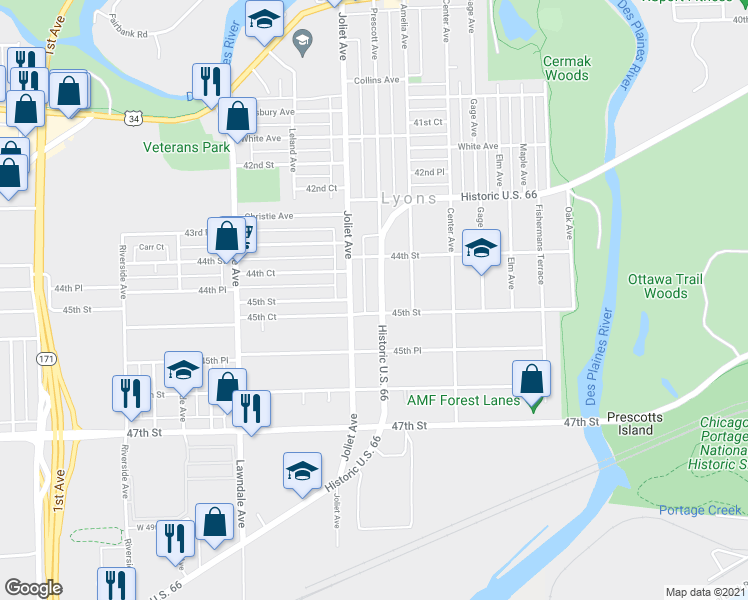 map of restaurants, bars, coffee shops, grocery stores, and more near 4501 Prescott Avenue in Lyons