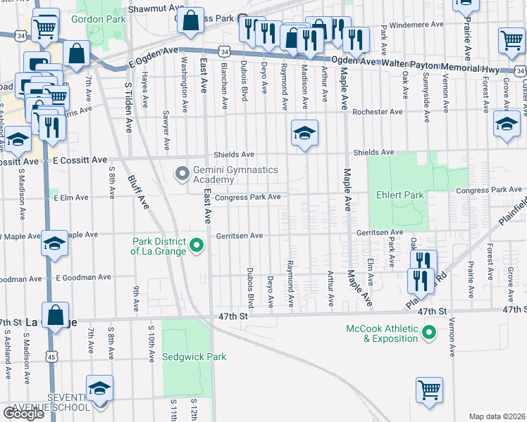 map of restaurants, bars, coffee shops, grocery stores, and more near 4430 Deyo Avenue in Brookfield