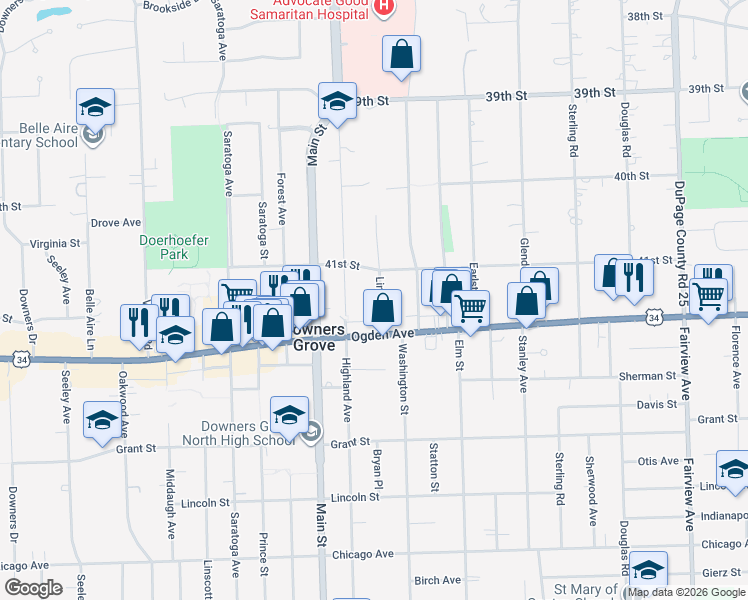 map of restaurants, bars, coffee shops, grocery stores, and more near 898 Ogden Avenue in Downers Grove