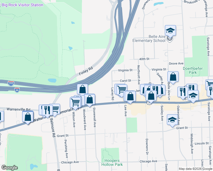 map of restaurants, bars, coffee shops, grocery stores, and more near 4240 Lacey Road in Downers Grove