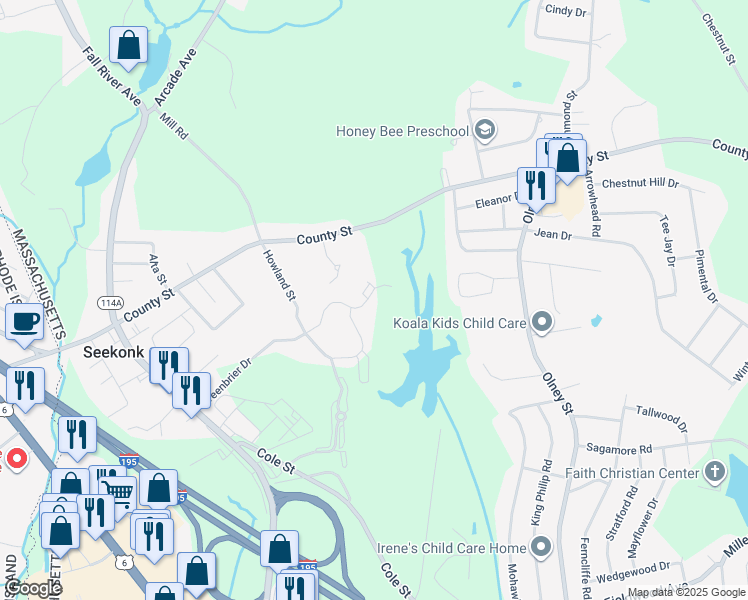 map of restaurants, bars, coffee shops, grocery stores, and more near 341 Forsythe Circle in Seekonk