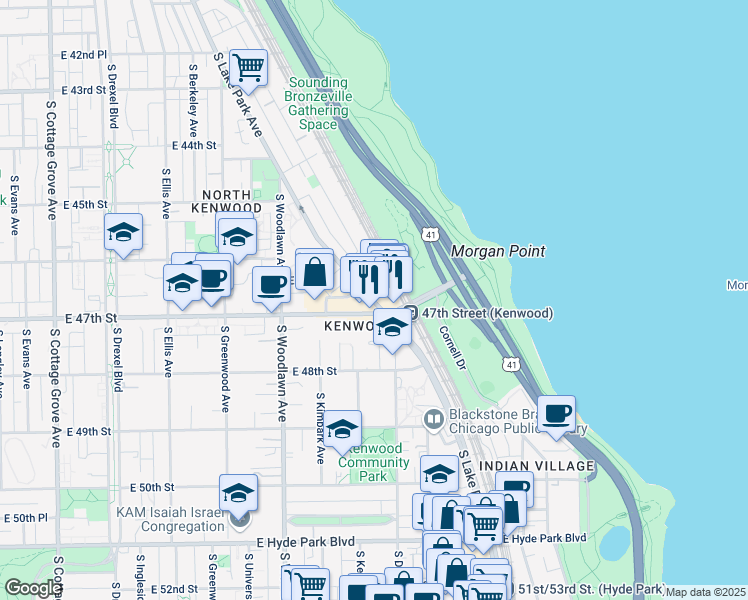 map of restaurants, bars, coffee shops, grocery stores, and more near 1400 East 47th Street in Chicago