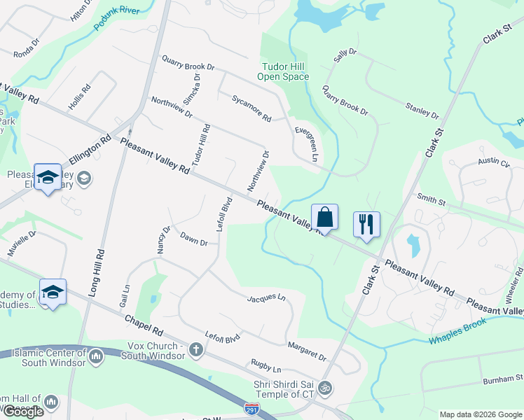 map of restaurants, bars, coffee shops, grocery stores, and more near 919 Pleasant Valley Road in South Windsor
