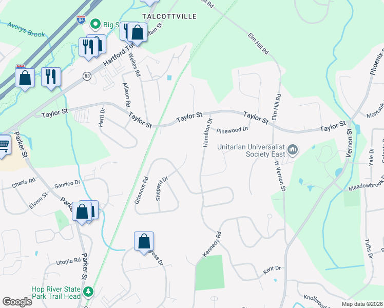 map of restaurants, bars, coffee shops, grocery stores, and more near 125 Shepard Drive in Manchester