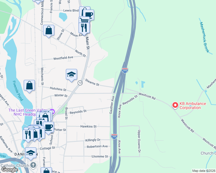 map of restaurants, bars, coffee shops, grocery stores, and more near 92 Stearns Street in Killingly