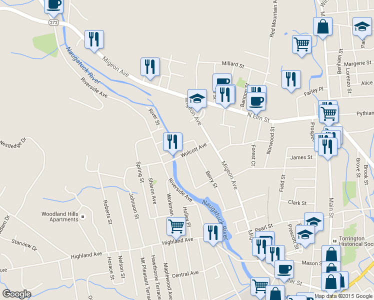 map of restaurants, bars, coffee shops, grocery stores, and more near 72 Wolcott Avenue in Torrington