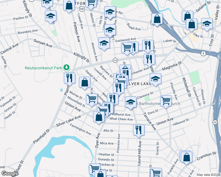 map of restaurants, bars, coffee shops, grocery stores, and more near 150 Daniel Avenue in Providence