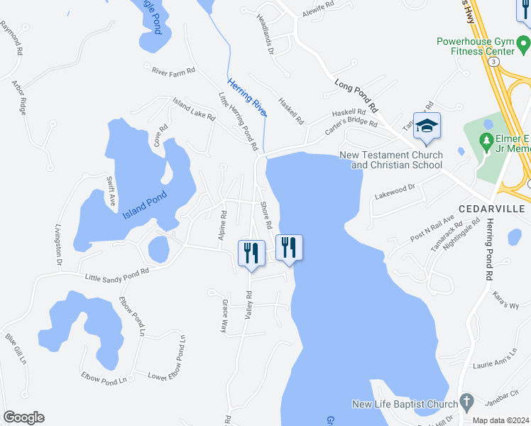 map of restaurants, bars, coffee shops, grocery stores, and more near 17 Shore Road in Plymouth