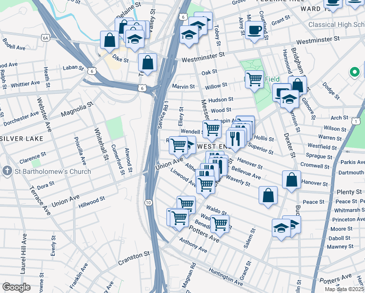 map of restaurants, bars, coffee shops, grocery stores, and more near 59 Union Avenue in Providence