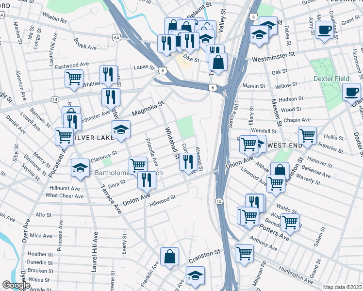 map of restaurants, bars, coffee shops, grocery stores, and more near 56 Progress Avenue in Providence