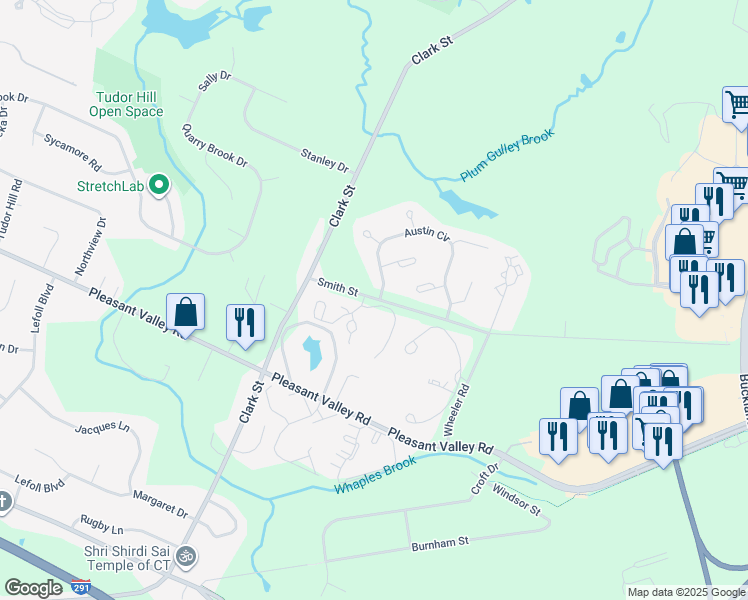 map of restaurants, bars, coffee shops, grocery stores, and more near 610 Spring Meadow Road in South Windsor