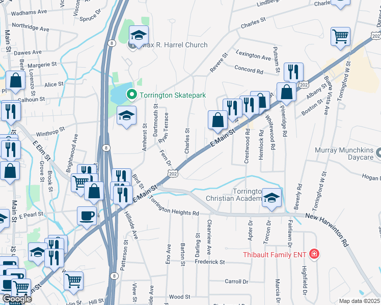 map of restaurants, bars, coffee shops, grocery stores, and more near 677 U.S. 202 in Torrington