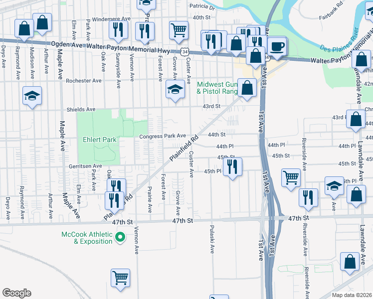 map of restaurants, bars, coffee shops, grocery stores, and more near 8741 45th Street in Lyons