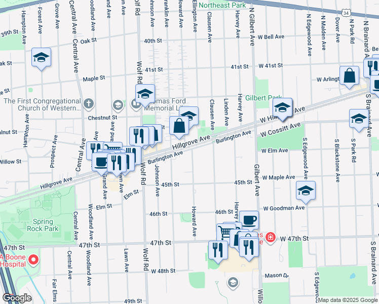 map of restaurants, bars, coffee shops, grocery stores, and more near 4439 Howard Avenue in Western Springs