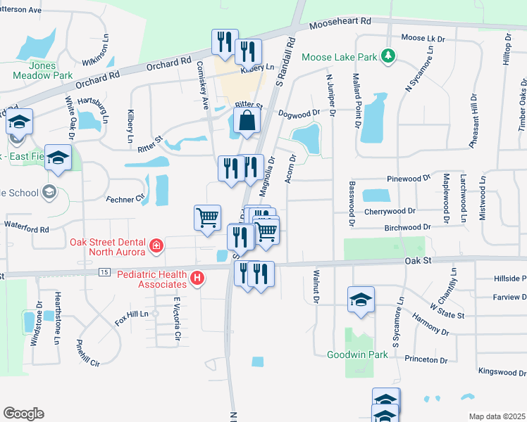 map of restaurants, bars, coffee shops, grocery stores, and more near 212 Magnolia Drive in North Aurora