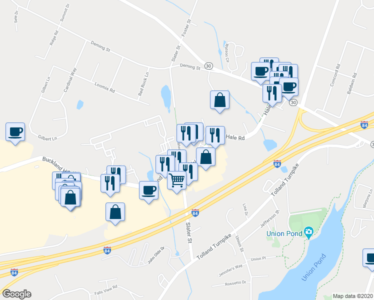 map of restaurants, bars, coffee shops, grocery stores, and more near 225 Slater Street in Manchester