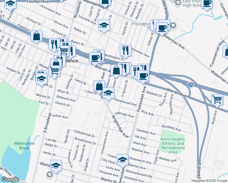 map of restaurants, bars, coffee shops, grocery stores, and more near 9 Hazelwood Avenue in East Providence