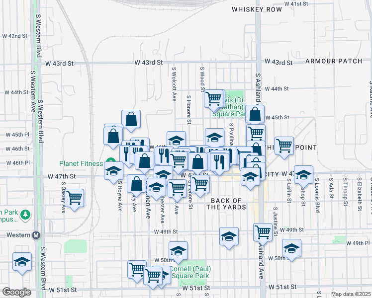 map of restaurants, bars, coffee shops, grocery stores, and more near 4637 South Wolcott Avenue in Chicago