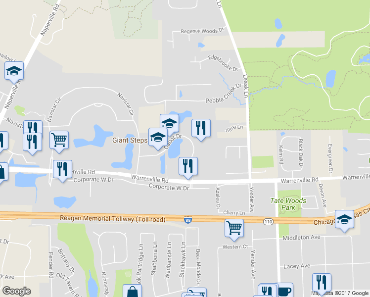 map of restaurants, bars, coffee shops, grocery stores, and more near 2375 Cabot Drive in Lisle