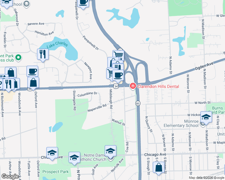 map of restaurants, bars, coffee shops, grocery stores, and more near 278 Middaugh Road in Clarendon Hills