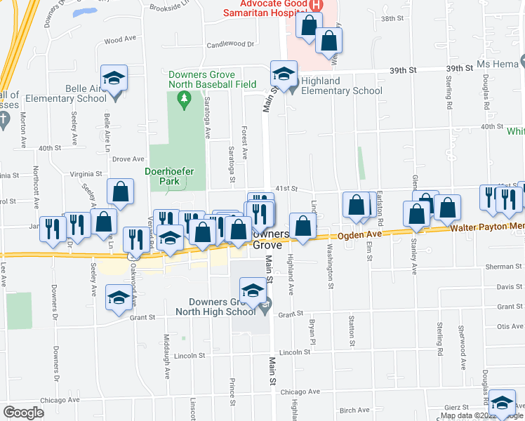 map of restaurants, bars, coffee shops, grocery stores, and more near 4224 Main Street in Downers Grove