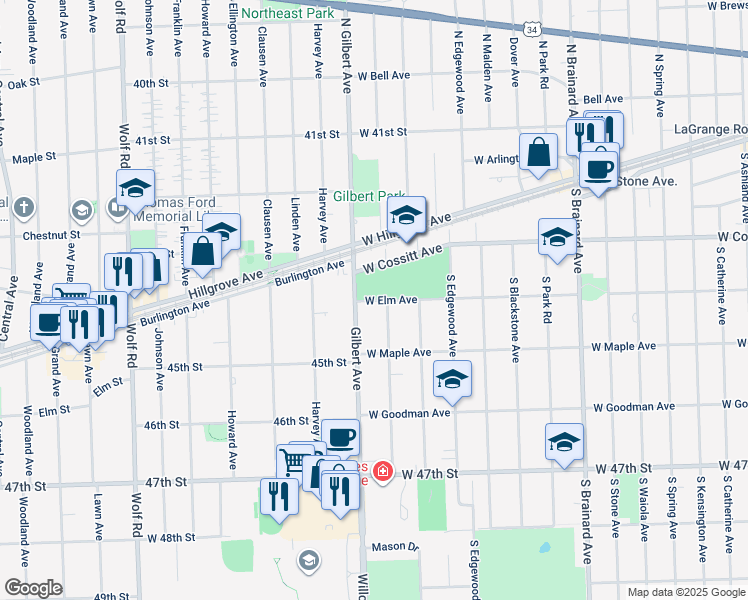map of restaurants, bars, coffee shops, grocery stores, and more near 1401-1499 West Elm Avenue in La Grange