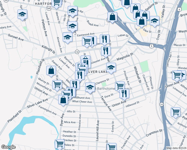 map of restaurants, bars, coffee shops, grocery stores, and more near in Providence