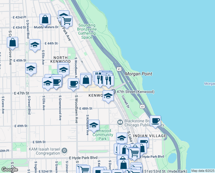 map of restaurants, bars, coffee shops, grocery stores, and more near 1400 East 47th Street in Chicago