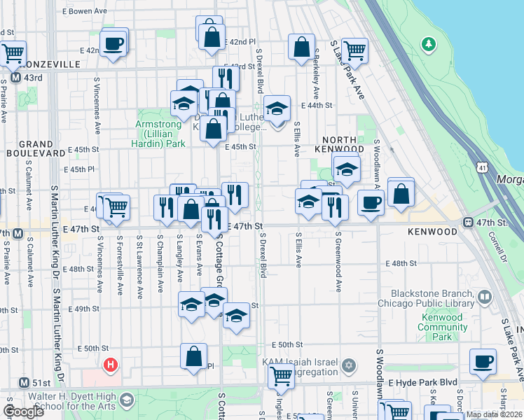 map of restaurants, bars, coffee shops, grocery stores, and more near 4608 South Drexel Boulevard in Chicago