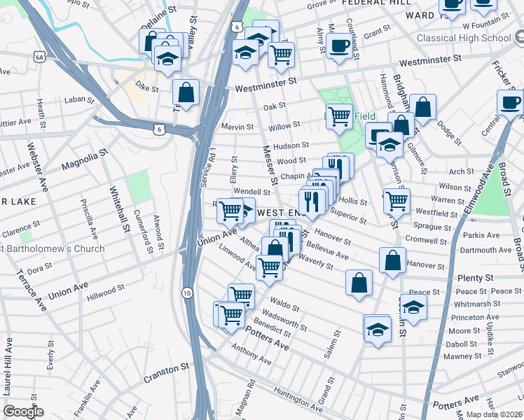 map of restaurants, bars, coffee shops, grocery stores, and more near 116 Wendell Street in Providence