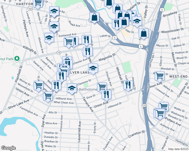 map of restaurants, bars, coffee shops, grocery stores, and more near 169 Webster Avenue in Providence