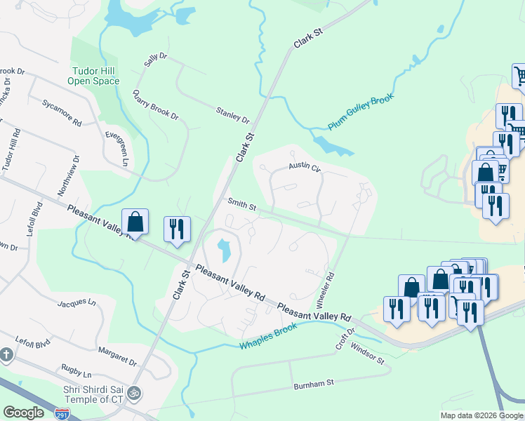 map of restaurants, bars, coffee shops, grocery stores, and more near 8 Austin Circle in South Windsor