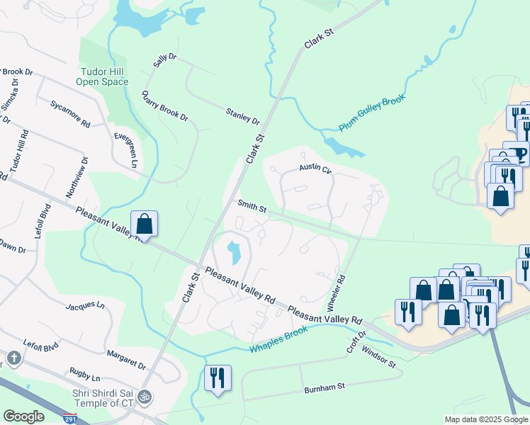 map of restaurants, bars, coffee shops, grocery stores, and more near 8 Austin Circle in South Windsor