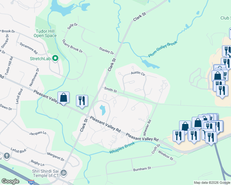 map of restaurants, bars, coffee shops, grocery stores, and more near 8 Austin Circle in South Windsor