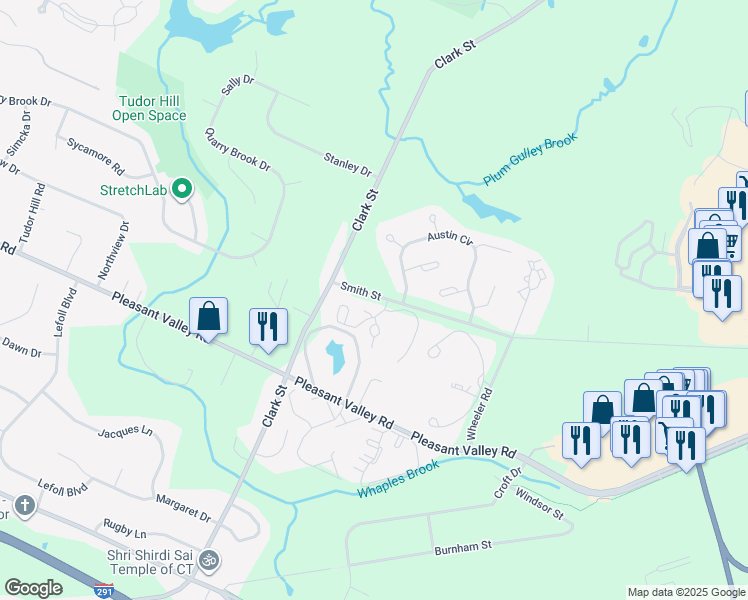 map of restaurants, bars, coffee shops, grocery stores, and more near 8 Austin Circle in South Windsor