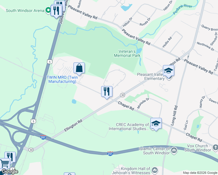 map of restaurants, bars, coffee shops, grocery stores, and more near 8 Saint Marc Circle in South Windsor