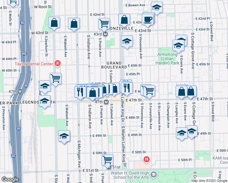 map of restaurants, bars, coffee shops, grocery stores, and more near 4603 South Calumet Avenue in Chicago