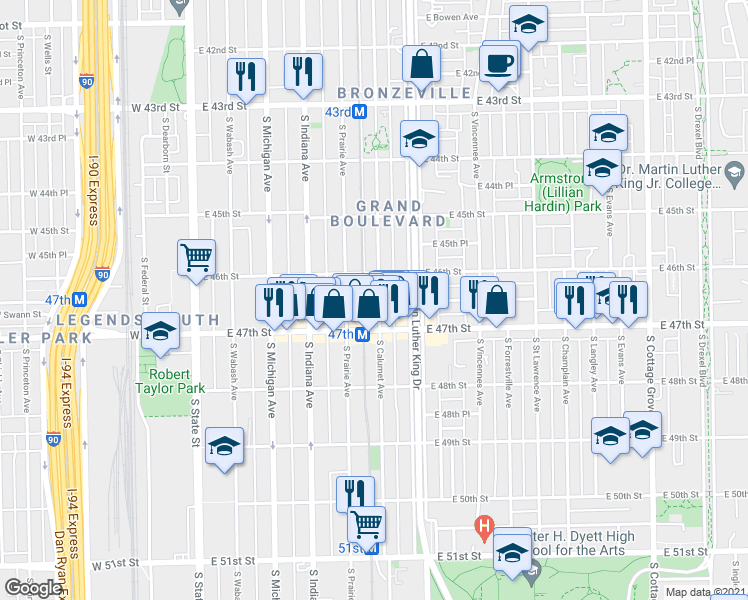 map of restaurants, bars, coffee shops, grocery stores, and more near 4603 South Calumet Avenue in Chicago