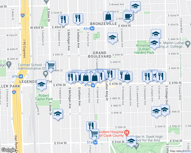 map of restaurants, bars, coffee shops, grocery stores, and more near 4603 South Calumet Avenue in Chicago