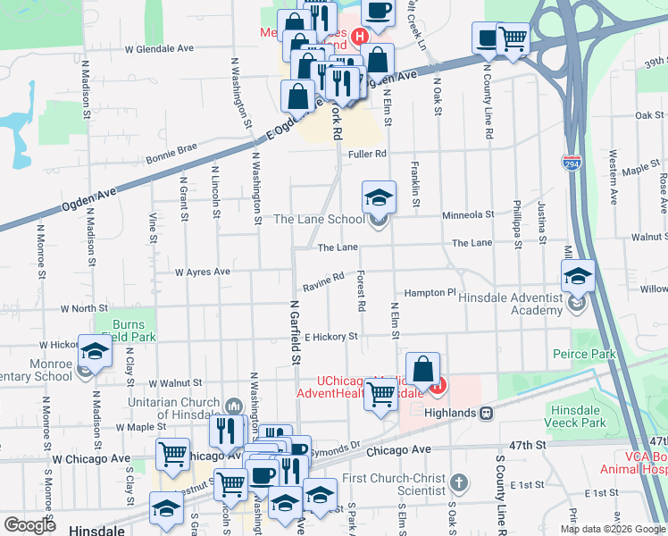 map of restaurants, bars, coffee shops, grocery stores, and more near 144 The Lane in Hinsdale