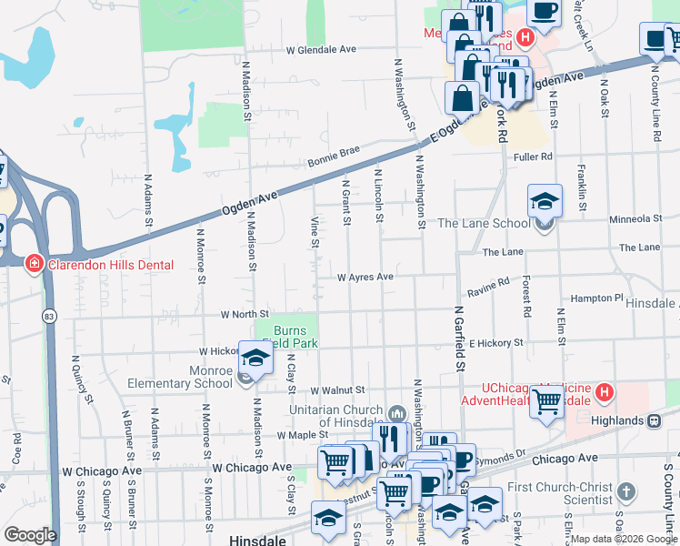 map of restaurants, bars, coffee shops, grocery stores, and more near 526 North Grant Street in Hinsdale